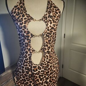 Leopard Cutout Bodycon Dress with Gold Tone Accents And Matching Thong